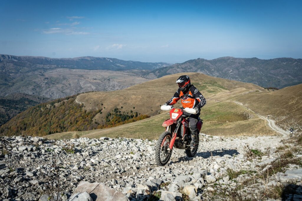 Rider on a rocky gravel track in Georgia